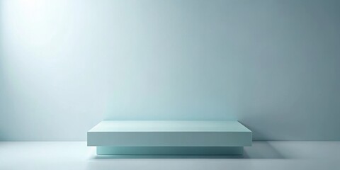 A minimalist, light blue platform in a pale blue room, perfect for showcasing products or displaying art