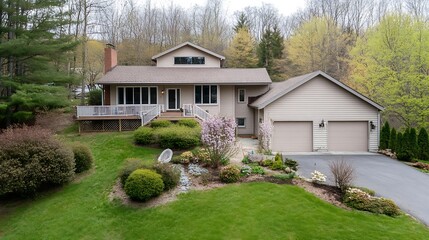 Obraz premium Cozy Suburban Home Surrounded by Trees and Blossoming Spring Garden : Generative AI