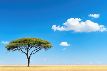 Obraz premium A solitary tree stands against a bright blue sky, surrounded by golden grasslands and fluffy clouds, capturing a serene and open landscape.