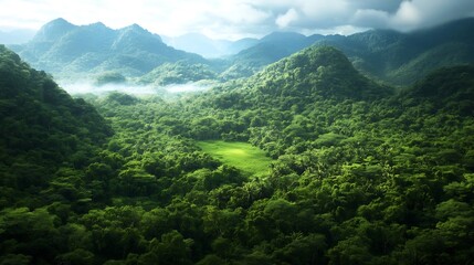 Fototapeta premium Pristine Tropical Forest Landscape with Misty Mountains : Generative AI