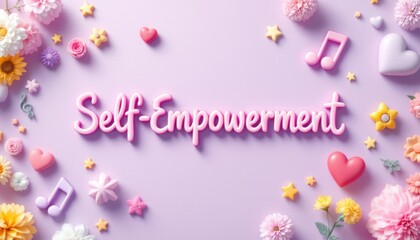 A pastel panorama of self-empowerment with floating hearts stars and floral charm