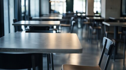 Contemporary empty cafeteria with sleek tables and ambient lighting setup : Generative AI