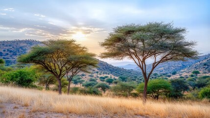 Obraz premium Serene African Savanna Sunset: Acacia Trees and Golden Grasslands