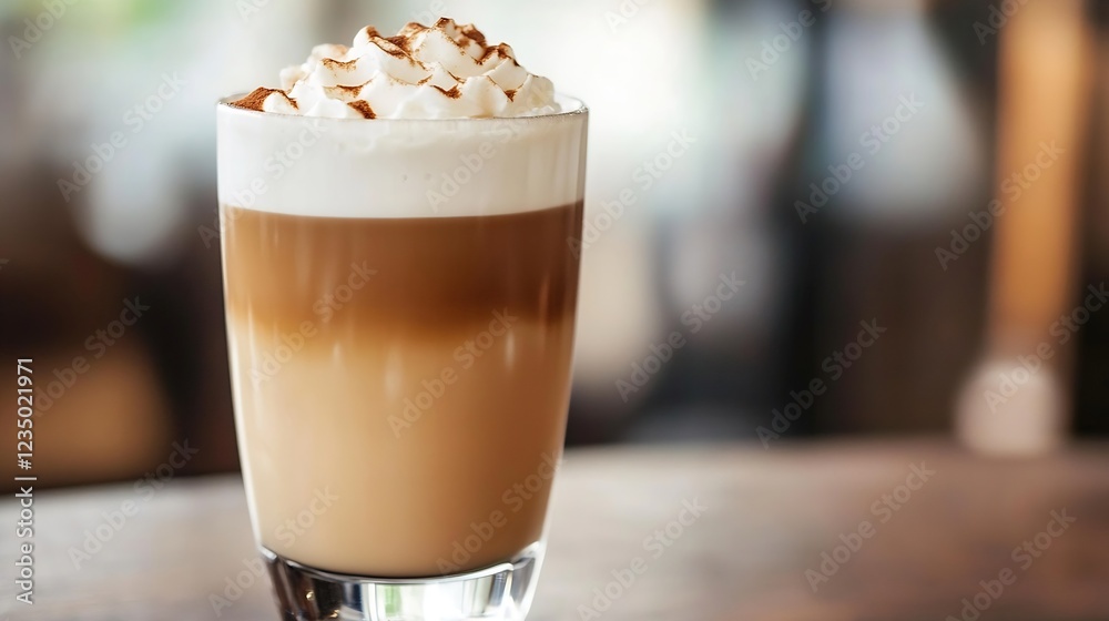 Poster delicious creamy latte with frothy whipped cream in elegant glass on cafe table : generative ai