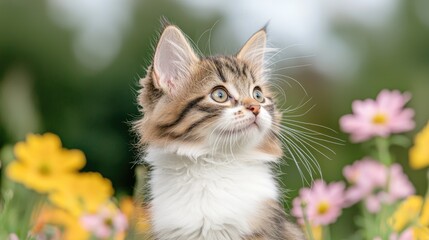 Obraz premium Cute kitten among flowers in garden