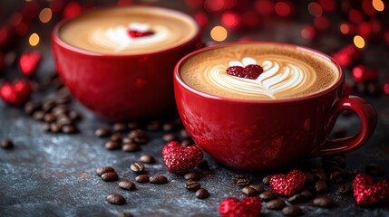 Two red cups of coffee with heart designs and decorative hearts around them.