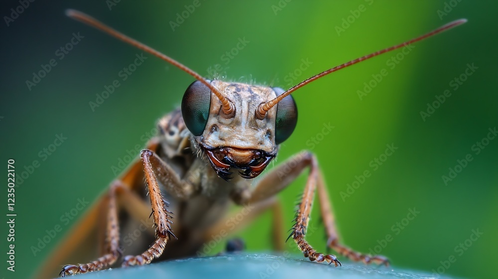 Poster macro photo of mantis head with intricate details and green leaves background : generative ai