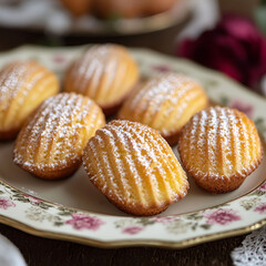 Close-up of freshly baked madeleines with a soft, fluffy texture, placed on a vintage ceramic plate