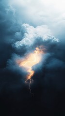Striking lightning bolt illuminates a dark, stormy sky, creating a dramatic and intense atmosphere. Clouds tower ominously, highlighting nature's raw power.