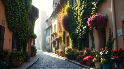 3d image. Old Town, Street, 3d wallpaper and mural. Wallpaper on the wall