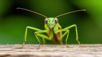 Close Up Macro Shot of a Vibrant Green Praying Mantis on a Wood Surface with Blurred Green Background : Generative AI