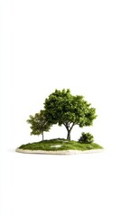 A small, lush green island with trees, set against a plain white background, symbolizing ecological harmony and the earth's natural beauty.