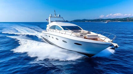 Luxurious White Yacht Navigating Through Clear Blue Waters Under a Bright Sunny Sky : Generative AI