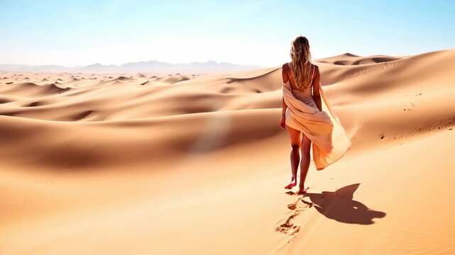 Woman is walking in the desert wearing a long dress. The desert is a vast, empty landscape with no signs of life. The woman is alone and is walking in the sand. Video Ai