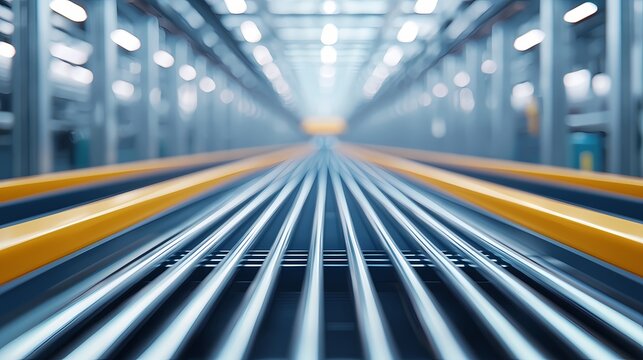 A perspective view of parallel metal tracks in a modern, industrial setting, creating a sense of depth and symmetry.