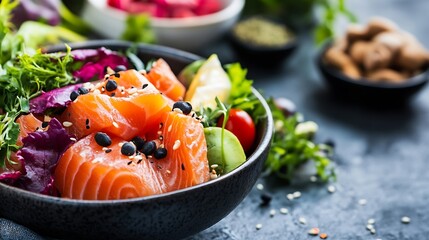 Gourmet Salmon Salad with Fresh Vegetables Healthy and Delicious Meal for Vibrant Lifestyle and Nutrition : Generative AI