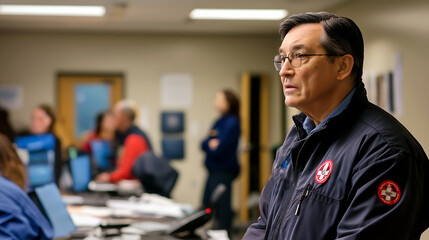 A serious man in a blue jacket, glasses, and a red badge stands in a room with people in the background, capturing a moment of intense focus and determination during a meeting or discussion.