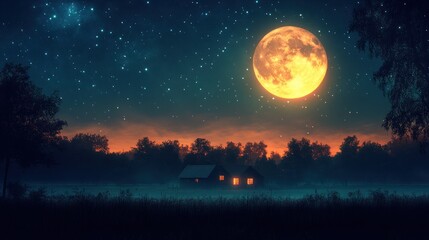 Naklejka premium Mystical night scene with a full moon illuminating a small house in a foggy field.
