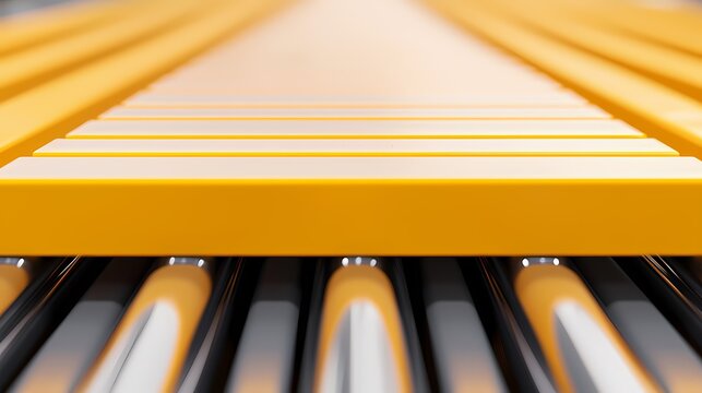 A close-up view of yellow and gray industrial materials, featuring parallel lines and cylindrical shapes, emphasizing a modern manufacturing design.