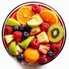 A colorful fruit preserve with visible chunks of strawberries, peaches, and blueberries.