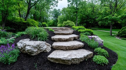 Stone steps garden landscape design, lush greenery