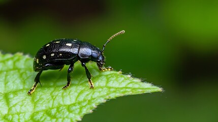 Naklejka premium Spotted Black Beetle on Green Leaf in Natural Greenery Environment : Generative AI
