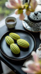 Creative trendy matcha-flavored madeleines with a vibrant green color
