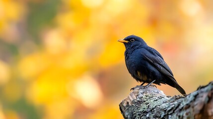 Naklejka premium Solitary Blackbird Perched on a Branch During Autumn with Vibrant Foliage : Generative AI