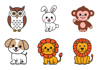 Obraz premium Cute cartoon animal set, including owl, rabbit, monkey, dog, and lion. Adorable jungle and pet animal vector illustration for kids' education, nursery decor, storybooks.