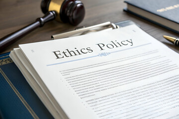 Business Ethics, A legal document titled "Ethics Policy" placed on a desk alongside a gavel and books, symbolizing governance and ethical standards.