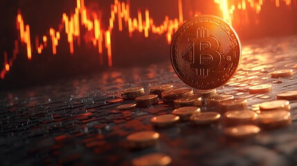 A close-up of a Bitcoin coin resting on a stack of other coins, with a blurred background of a financial chart and a warm, orange glow