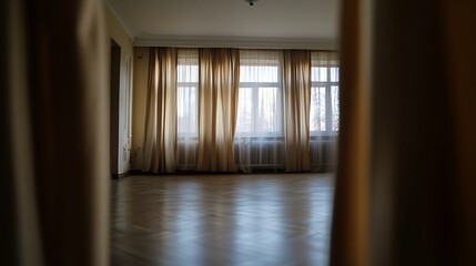 Cozy velvet curtain framed room interior with soft natural lighting and wooden flooring : Generative AI