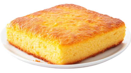 Delicious square slice of cornbread resting on white plate with transparent background