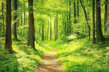 Naklejka premium Sunlit forest path winding through lush green trees, creating a peaceful and refreshing atmosphere in nature