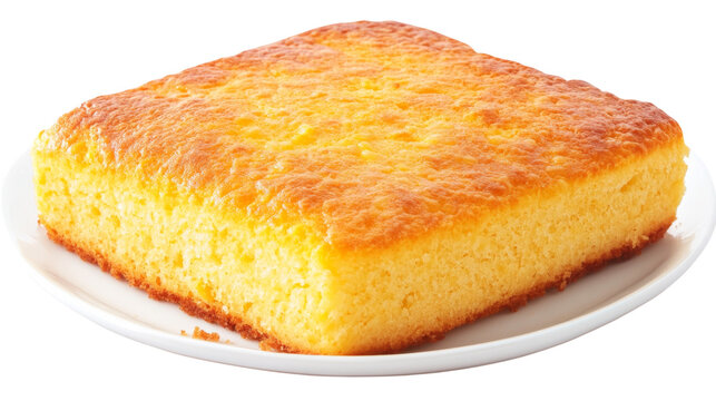 Delicious square slice of cornbread resting on white plate with transparent background