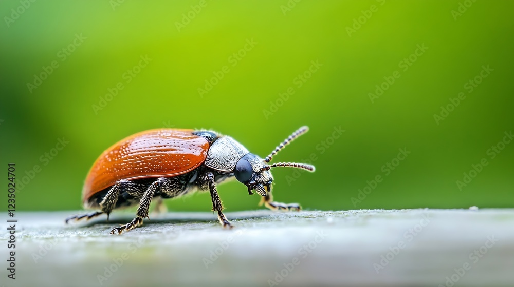 Poster vibrantly colored beetle on a wooden surface against a lush green background in macro shot : generat