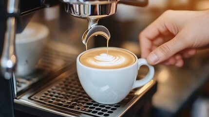Hand Preparing Cappuccino with Espresso Machine and Latte Art : Generative AI