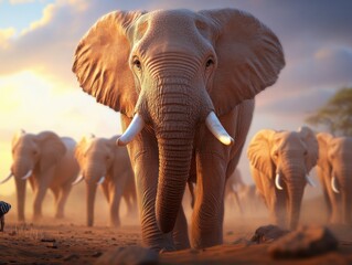 Fototapeta premium A majestic herd of elephants walks through the savanna at sunset, casting long shadows in the warm, golden light.