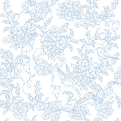 Fototapeta premium Graphic seamless pattern with flowers and birds.