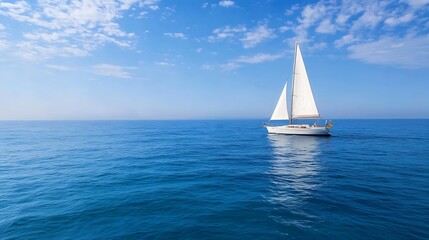 Obraz premium Solitary White Sailboat Gliding through Vast Ocean Blue under a Sunny Sky : Generative AI