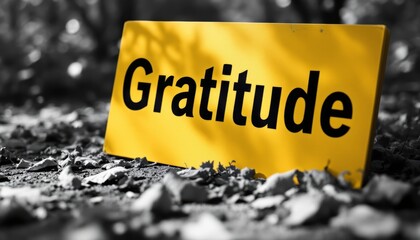 A yellow placard bearing the inscription Gratitude in a natural setting of fallen leaves