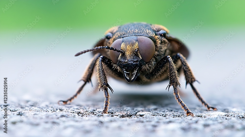 Poster closeup of dark brown beetle with detailed texture and green hue background : generative ai