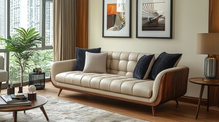Fototapeta premium Modern Beige Leather Sofa In Contemporary Living Room