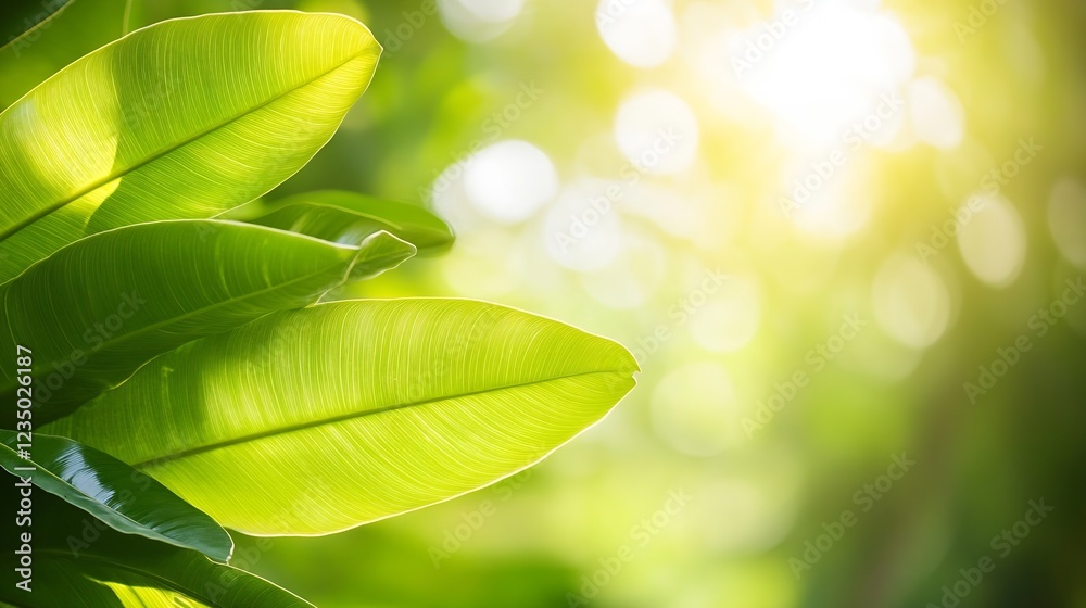 Poster sunlit banana leaves with stunning bokeh background in a tropical environment : generative ai