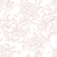 Graphic seamless pattern with flowers and birds.