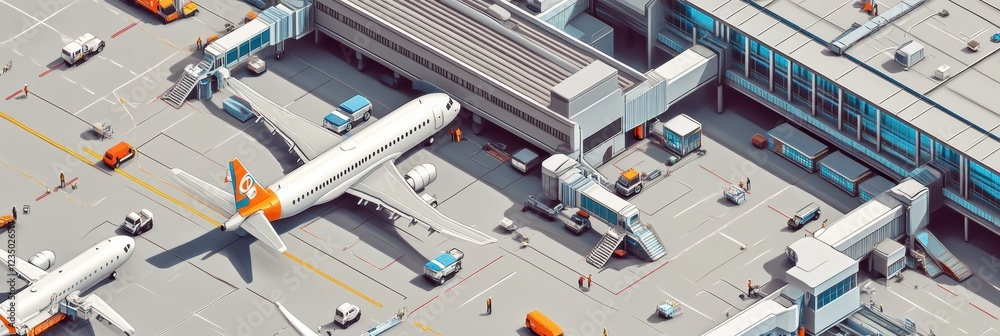 Fototapete Busy airport terminal with multiple parked airplanes and active ground operations in a dynamic transportation hub. Generative AI
