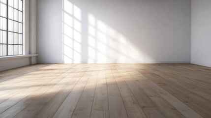Spacious Sunlit Empty Room with Wooden Floor and Large Window Panes Perfect for Interior Design Projects : Generative AI