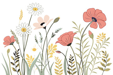 Watercolor wildflower meadow, colorful poppies and daisies, delicate botanical illustration, soft pastel hues, spring garden scene, white background, dreamy floral arrangement, loose painterly style, 