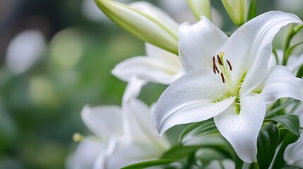 Obraz premium Elegant White Lily Flowers Blooming in Lush Green Garden for Botanical Decor : Generative AI