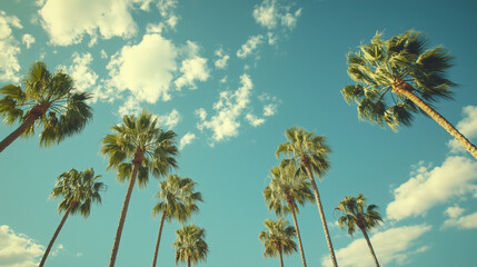 Fototapeta premium Vibrant view of tall palm trees reaching toward a blue sky with scattered clouds. A cheerful and tropical atmosphere that evokes summer vibes and natural beauty